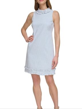 Eliza J Blue and White Striped Ruffle Neck Sleeveless Dress, Size 6